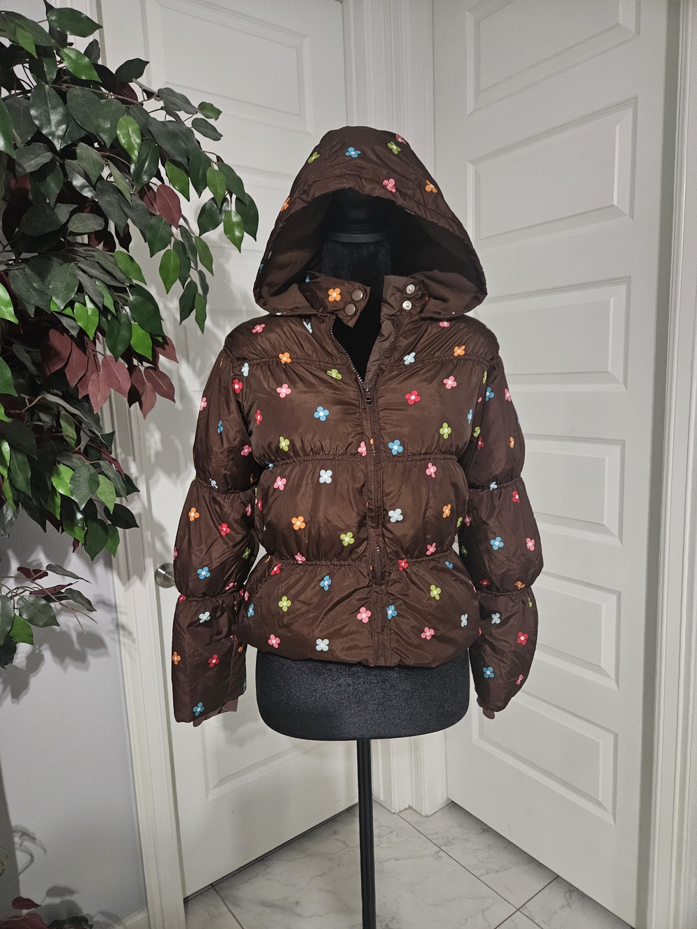 Gymboree Brown Hooded Puffer Jacket with Multicolor Flower Accents